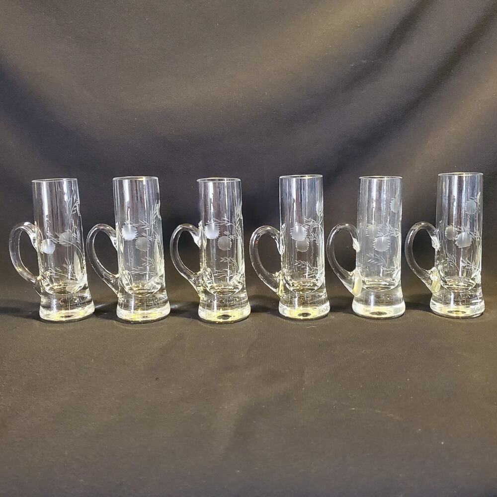 6 Vintage Pasabache Etched Shot Liquor Glasses with Handle